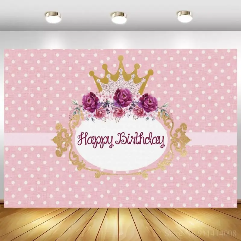 

Фотофон для фотосъемки с изображением белых точек розовых цветов золотой короны с днем рождения