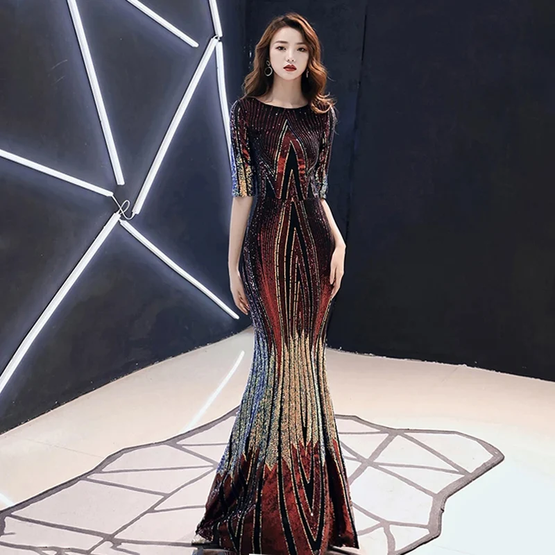 Женское вечернее платье с блестками AE479 длинное блестящее макси рукавом до локтя