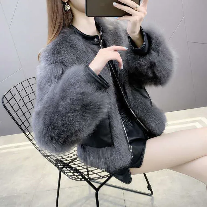 

Winter New Faux Furry Fur Coat Women Imitation Fox Hair Cardigan Splicing Short Overcoat Woman Fashion Casual Soft Elegant Coats