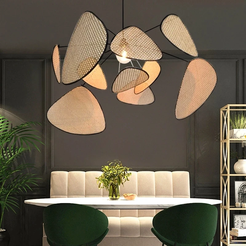 

Leaf Grid Rural Pendant Light Hand Made Rattan Southeast Asia Style Simplicity Chandeliers Living Dining Room Bedroom Adorn Lamp
