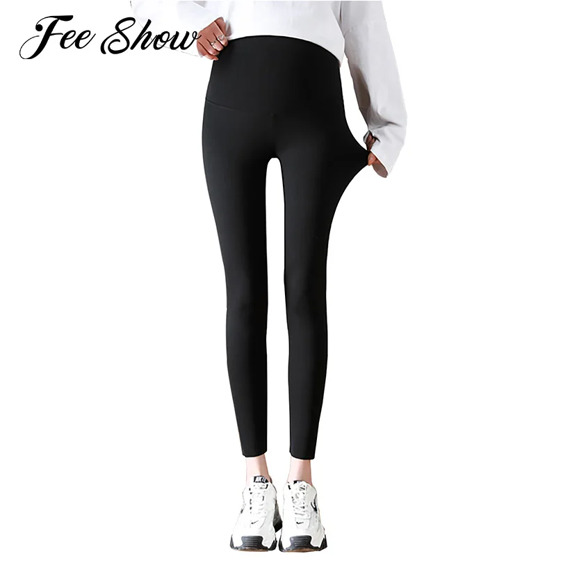 Maternity Pregnant Casual Shark Leather Pants Leggings Cropped Trousers Women Slim Yoga Pants Leggings Solid Color Outdoors Wear