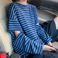 ripped hole blue black striped oversized hollow out harajuku summer spring long sleeve women t shirt korean fashion streetwear