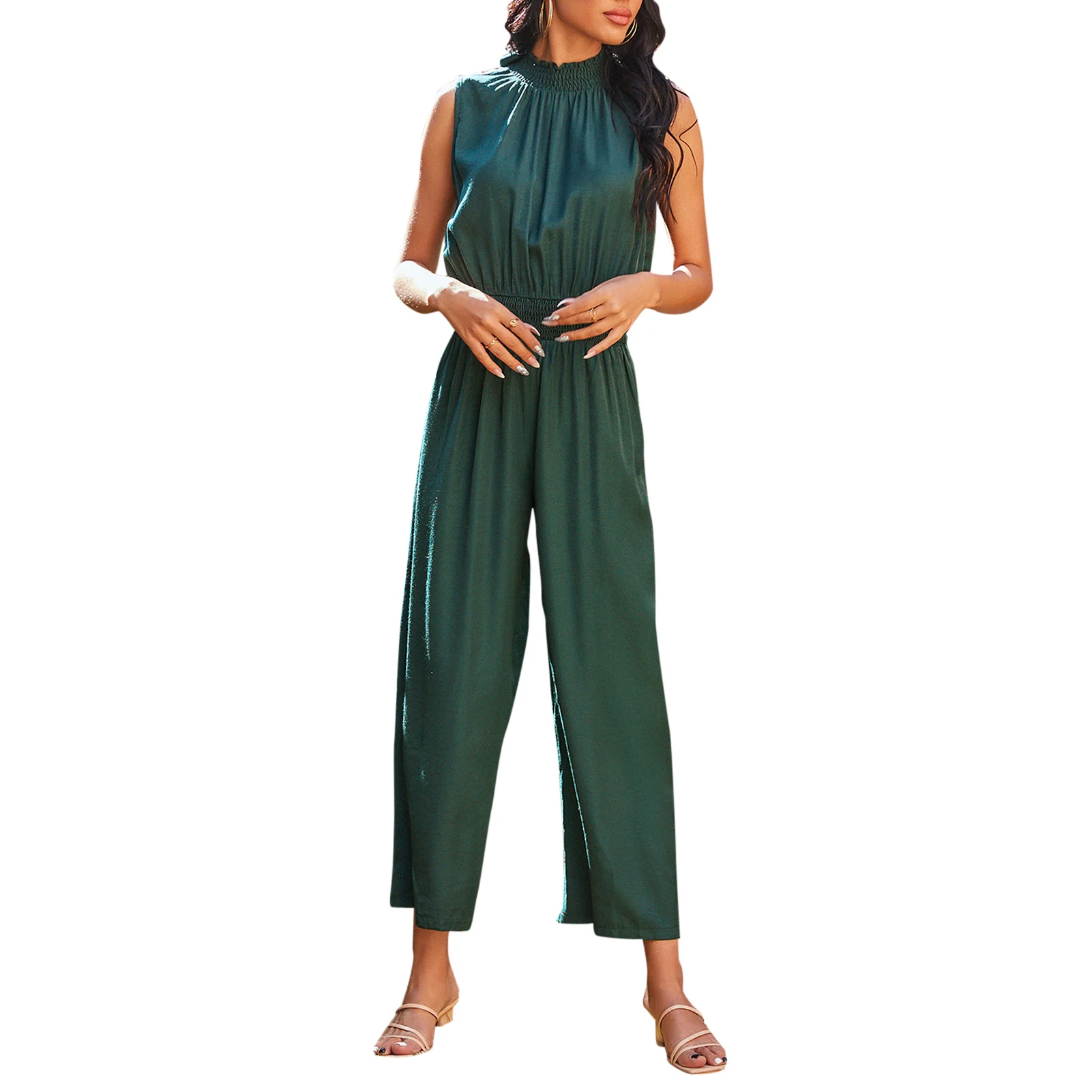 

2021 Female Jumpsuit Vintage Fashion Sexy Sleeveless Backless Slim Casual Overalls Romper Playsuit Women Jumpsuit Dark Green