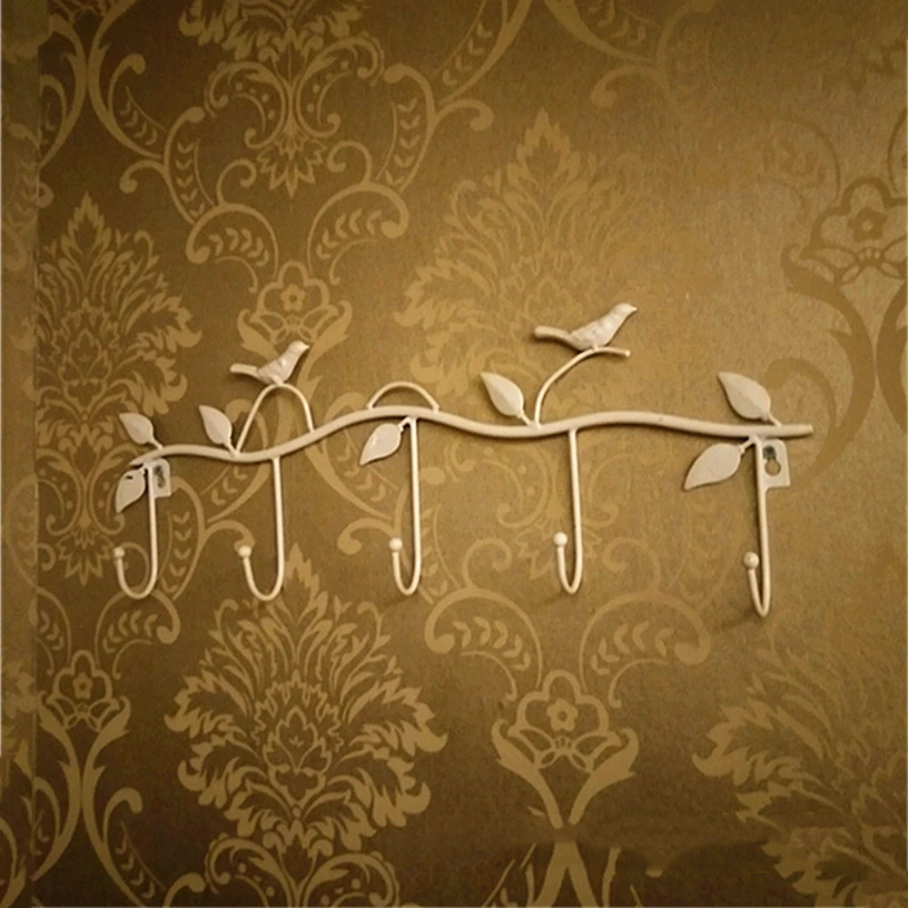 

Retro 5 hook wrought iron bird hook hook bird shape leaf wall dress robe hook key coat holder cap hanger home decoration