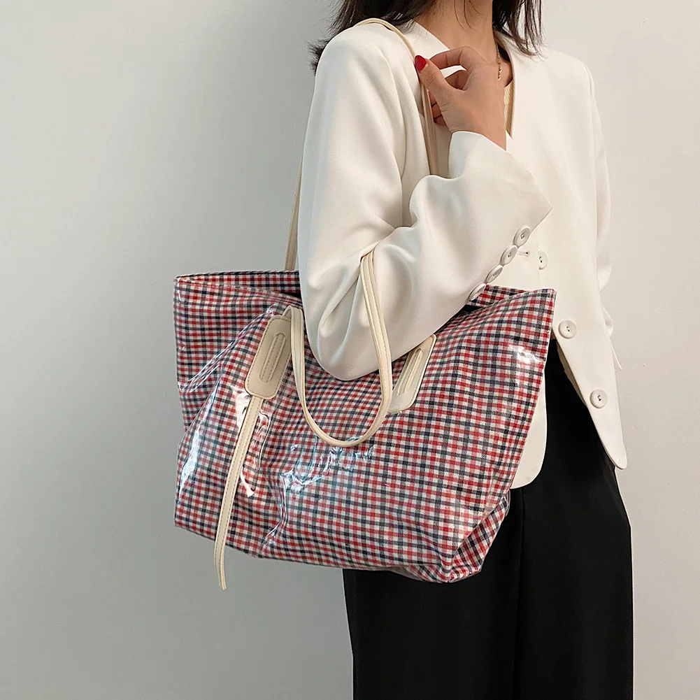 

Retro Women Handbags Canvas Fiber Plaid Printing Large Shoulder Tote Shopping Bags for Women Plaid Printings Handbag Female Trav