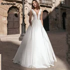 Мягкое атласное свадебное платье с бантом Sevintage, простое платье принцессы с V-образным вырезом без рукавов и открытой спиной, свадебное платье с двумя карманами