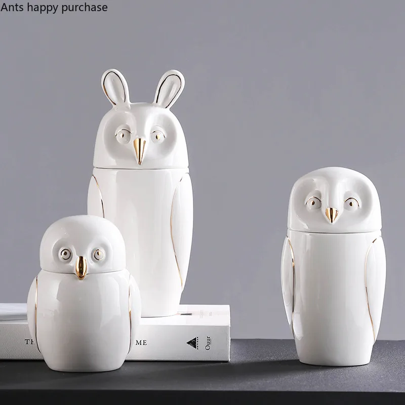 Сова бак для хранения белый Керамика банку декора стойка украшений банка конфет