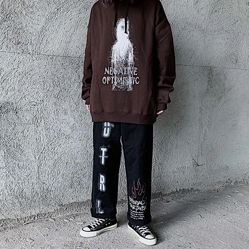 

QWEEK Hippie Japanese Streetwear Straight Pants Women Harajuku Dark Letter Print Casual Loose Trousers Korean Fashion Pants