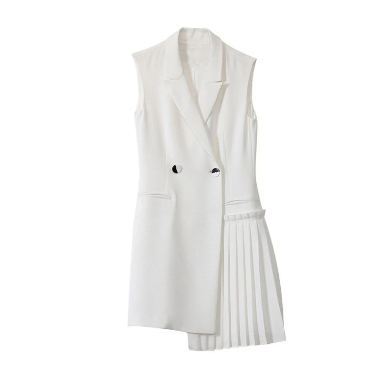 

ECRURANI White Dress For Women Notched Sleeveless Tank High Waist Ruched Asymmetrical Mid Female 2021 New Summer Fashionable