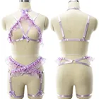 Комплект женского нижнего белья, бюстгальтер и подвязки, светло-Фиолетовое кружевное сексуальное свадебное нижнее белье