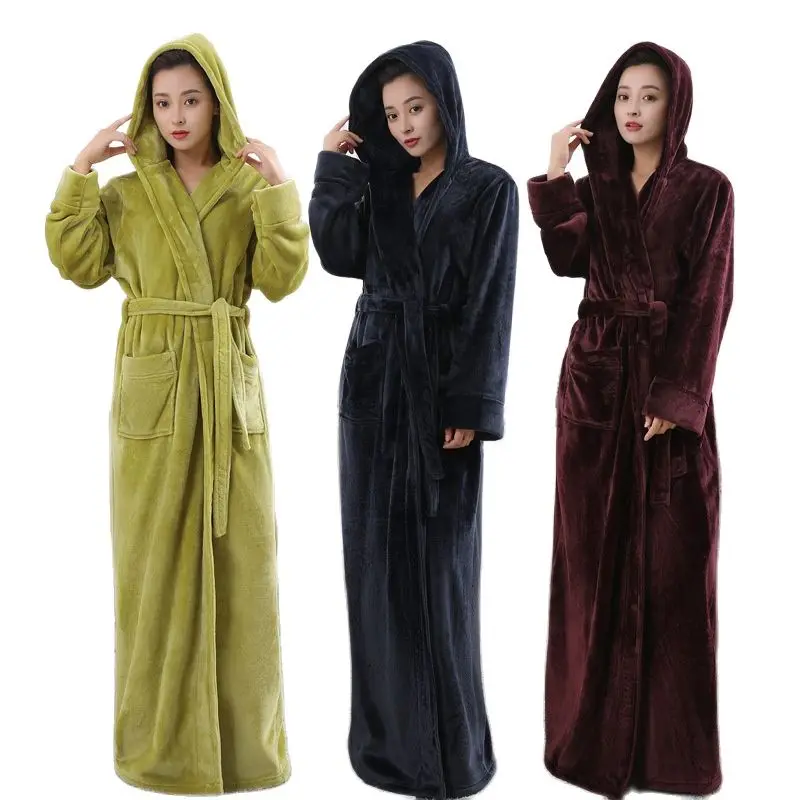 

sleepwear robe Nightgown flannel women's winter long sleeve hooded pajamas solid color velvet bathrobe Thickened and lengthened