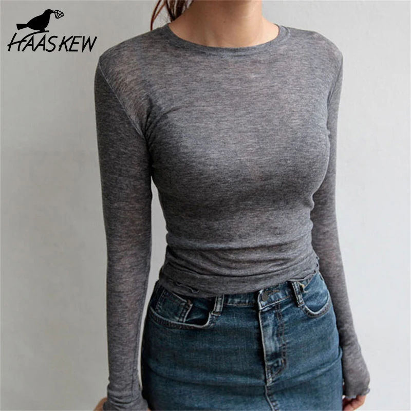 

Тонкая простая футболка HAASKEW, женские хлопковые эластичные базовые футболки, Женские повседневные топы, пикантная тонкая футболка с длинны...