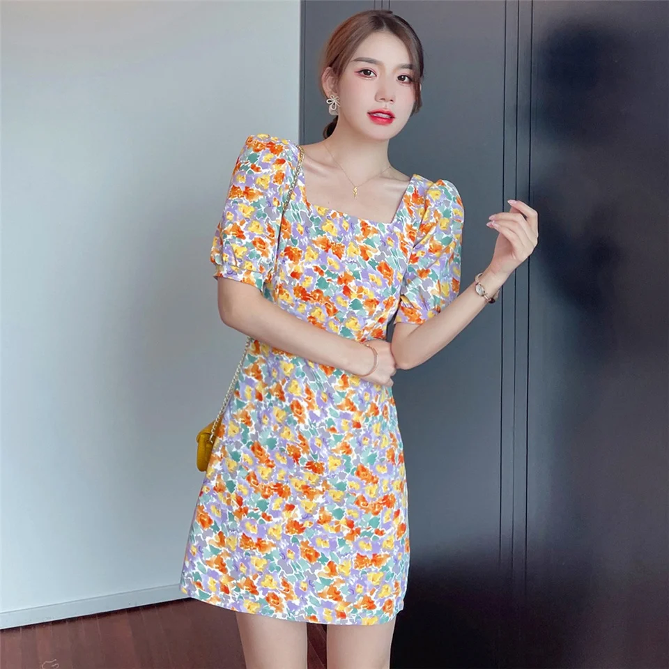 

Fashion Floral Printed Chiffon Women Dress Summer Elegant Slim Puff Sleeve Mini Dress Female Casual Party Dresses Vestidos
