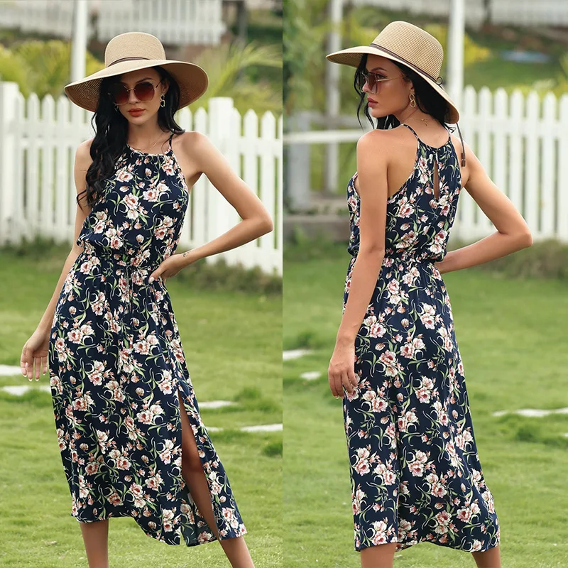 

Summer New Fashion Retro Floral Sling High Side Slit Halter Dress Holiday Skirt Temperament Commuter