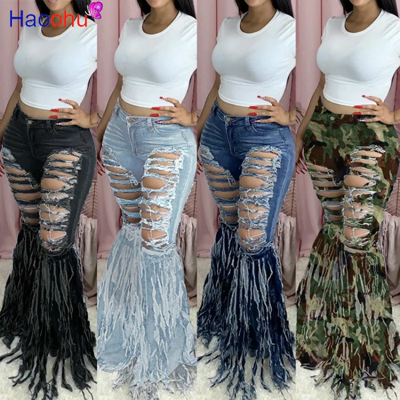 

HAOOHU Ripped Jeans For Women Tassel Patchwork Flare Jeans Fringe High Waisted Jeans Vintage Bell Bottom Jeans Fashion Pants