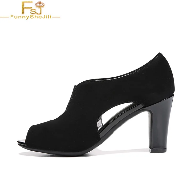 

Black Cutout Ankle Boots High Block Heels Woman Peep Toe Booties Large Size 14 15 Ladies Fashion Elastic Front Goring Shoes FSJ