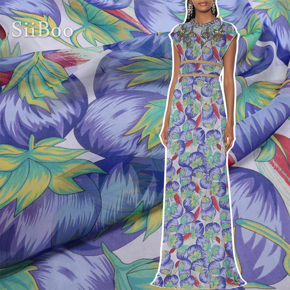 

Siiboo 100% silk chiffon fabric 6mm thichness 135cm width French countryside style with purple eggplant print sp6321