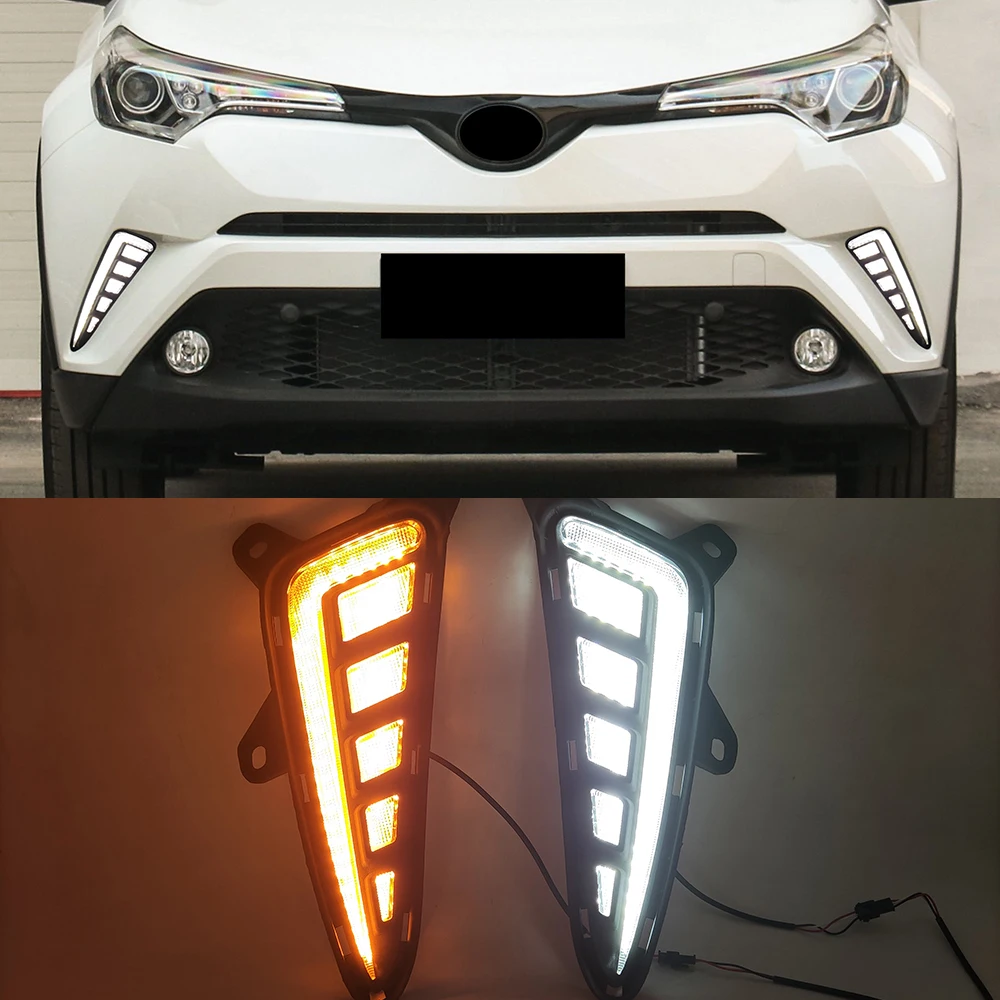 1 Pair Car LED DRL Daytime Running Light For Toyota C-HR CHR 2016 2017 2018 2019 with dynamic Yellow Turn Signal fog lamp |