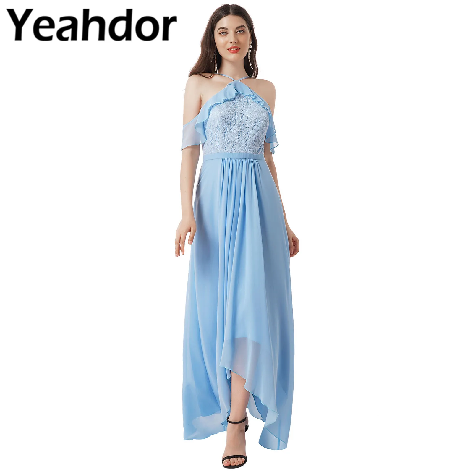

Formal Evening Dresses Womens Elegant Lace Maxi Dress Built-in Bra Chiffon Hi-Lo Gown Wedding Party Costume Woman Long Dress