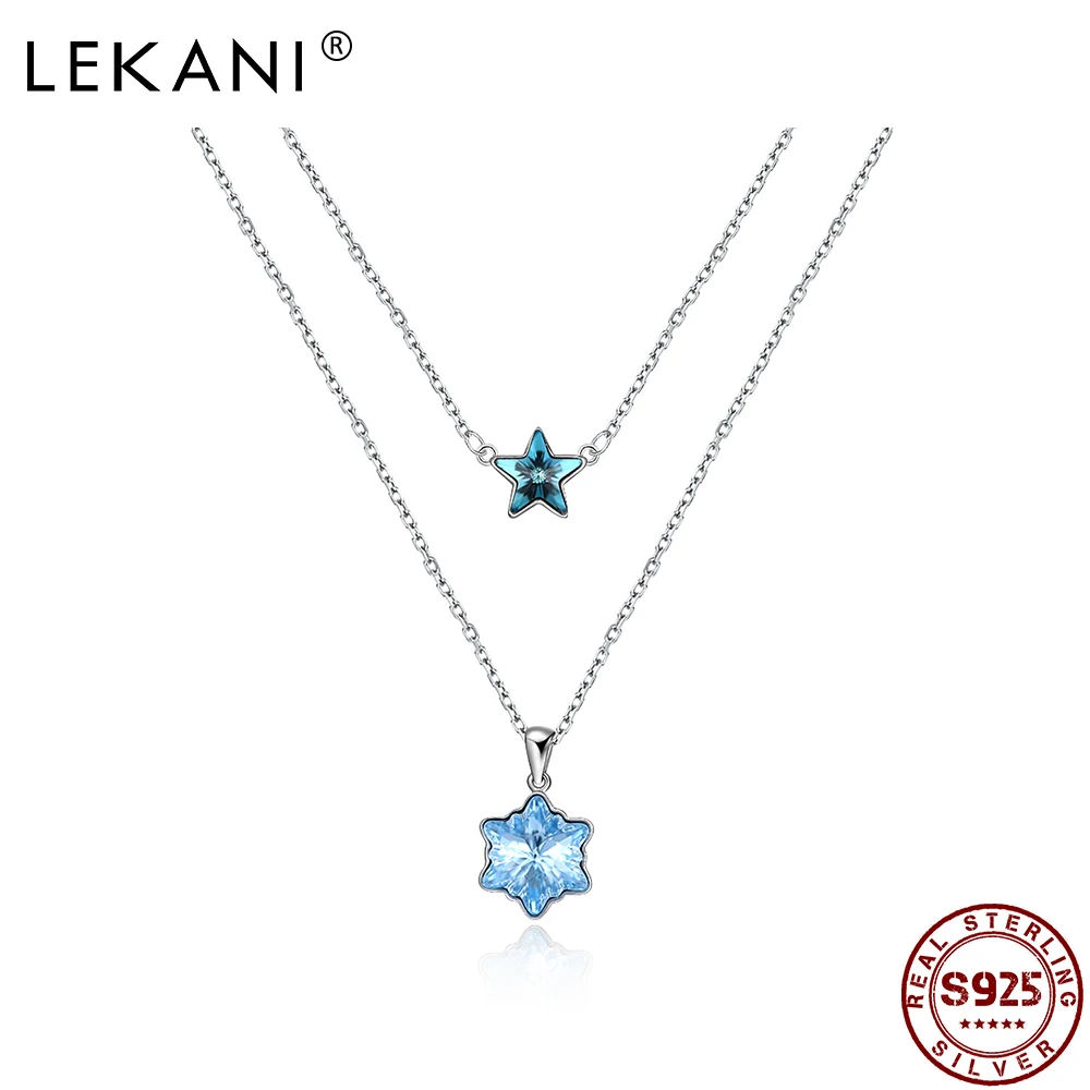 

LEKANI 925 Sterling Silver Snowflake Star Double Chains Pendant Necklaces For Women Blue Austria Crystal Stackable Necklace Bset