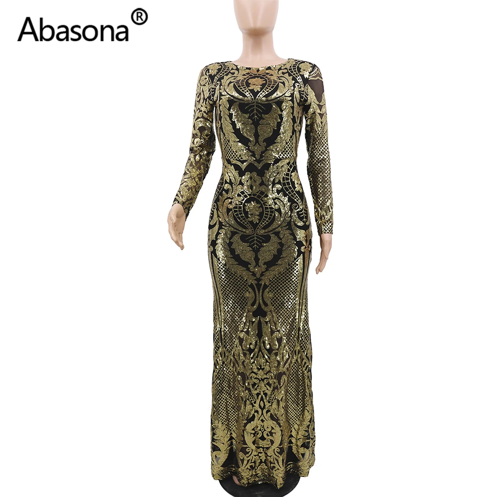 Abasona, женские осенне-зимние облегающие платья с длинным рукавом, расшитые блестками, сексуальные Клубные Модные вечерние платья длиной до пола, Famme Vestidos