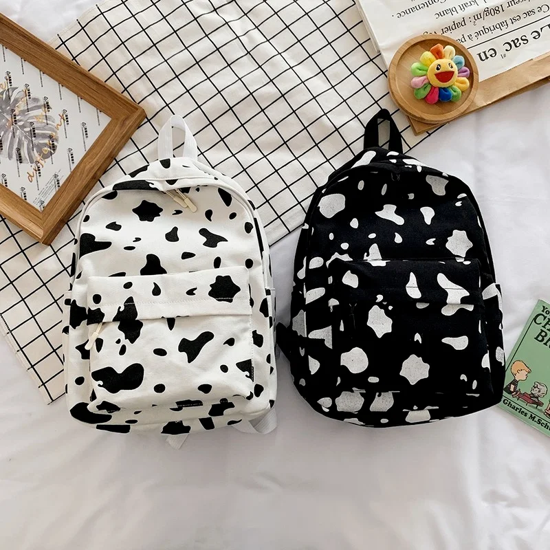 

Cow Milk Print Canvas Backpack Women Students Casual Cow Shoulder Bag Teenage Girls Kids Small Bagpack Ladies School Bag