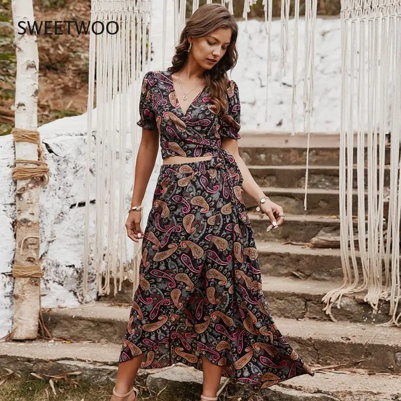 

Summer New Fashion Women's Casual Dress Ladies Bohemian Style V-Neck Short-Sleeved Sexy Floral Sexy Long Skirt Print Fashion Cas