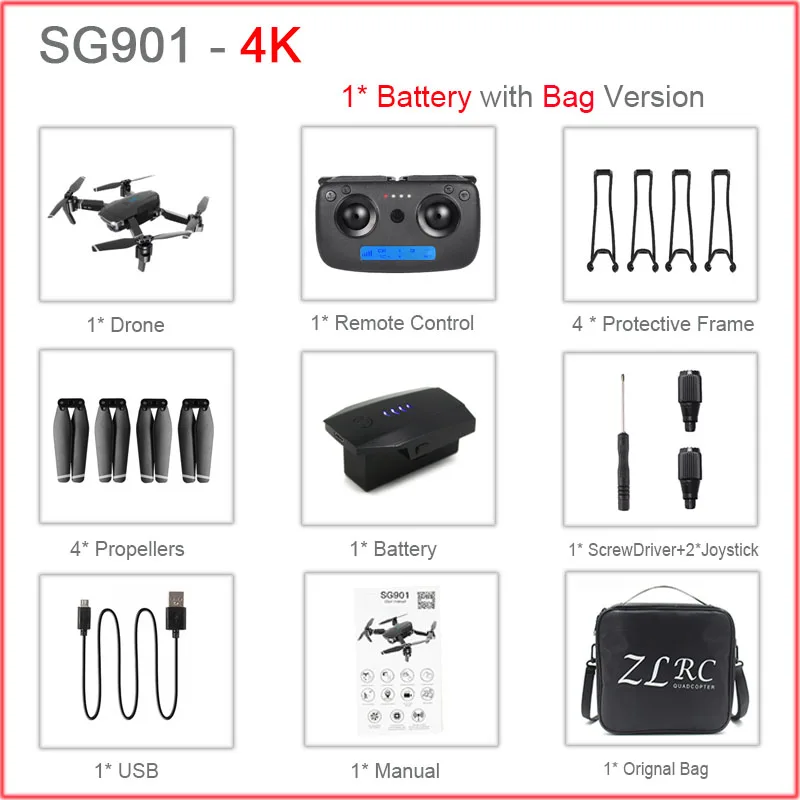 SG901 RC селфи Дрон 4k 1080P HD Двойная камера Складная следуя за мной FPV Профессиональный Дрон долгое время Летающий вертолет детские игрушки - Цвет: 1Battery4KBag
