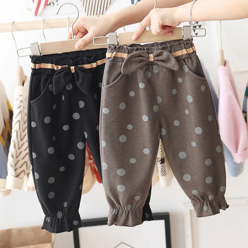 Осенне зимние бархатные штаны в горошек с бантом для маленьких девочек 2019 г.