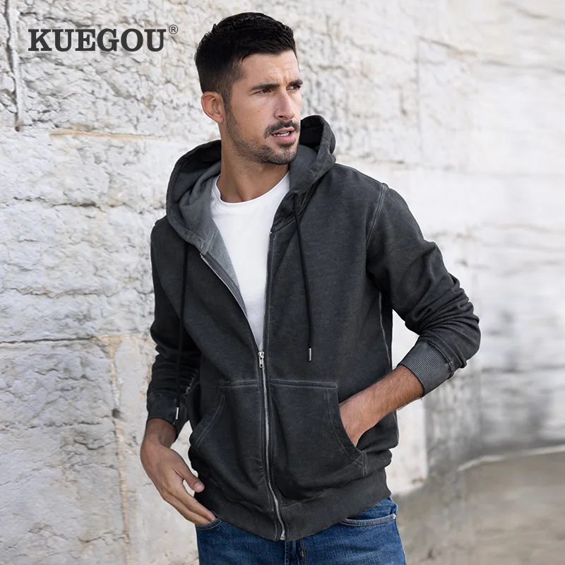 KUEGOU 2022 Autumn New 100% Cotton Clothing Men Sweaters Letter Embroidery Coat Fashion Jackets Jersey Activewear Plus Size 9530