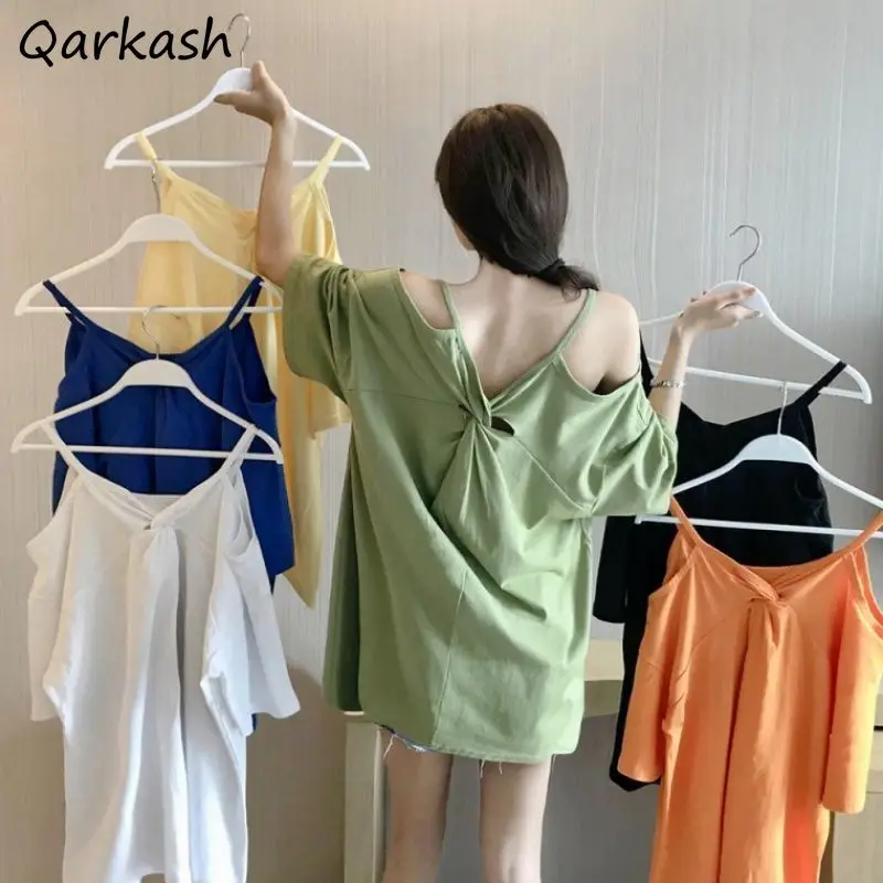 

Футболки женские ярких цветов Популярные летние мешковатые уличные модные с открытой спиной в стиле Ins друзья элегантные пикантные Дамские...