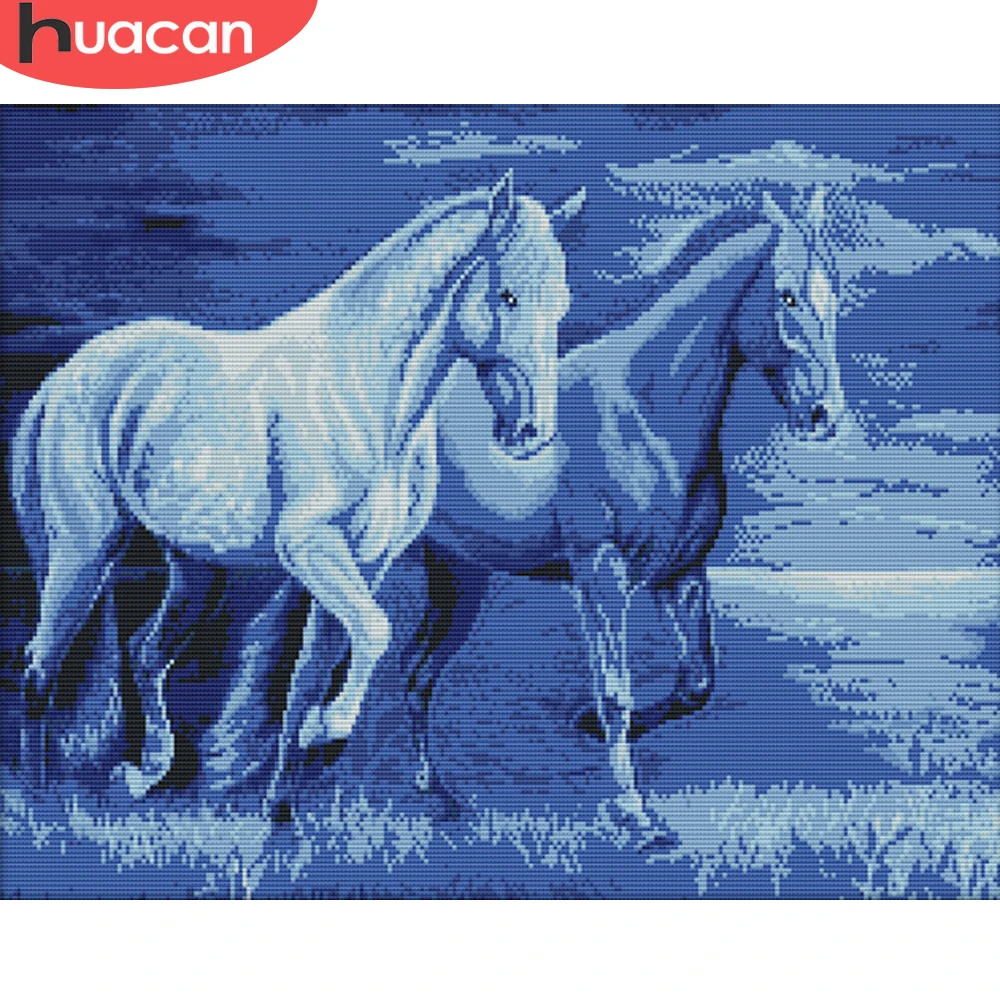 

HUACAN Embroidery Horse Cross Stitch Animal Kits White Canvas Home Decoration Needlework Sets 11CT 14CT DIY Gift