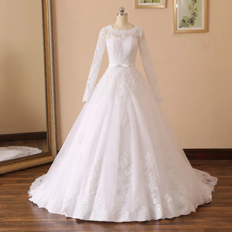 

Bridal WEDDING gown lace up celebrity wedding dresses PLUS SIZE LONG SLEEVE O neck Muslim wedding DRESS Vestido De Noiva