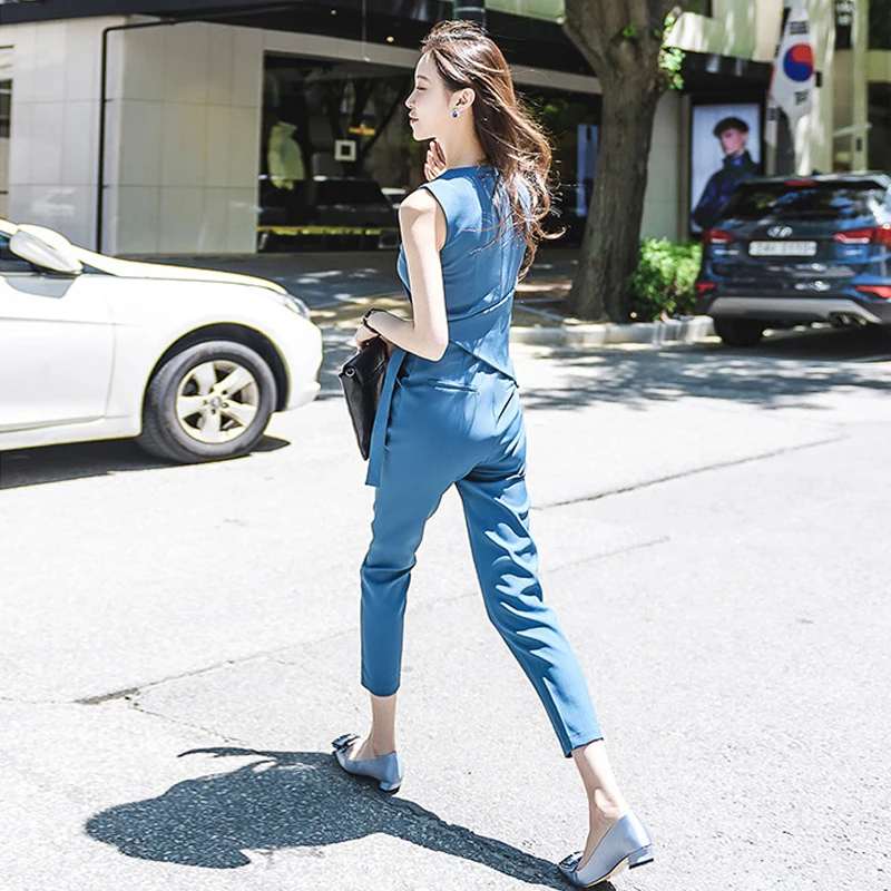 Women's jumpsuit summer new style fashion OL temperament V-neck sleeveless Slim tie fake two high waist Siamese feet pants