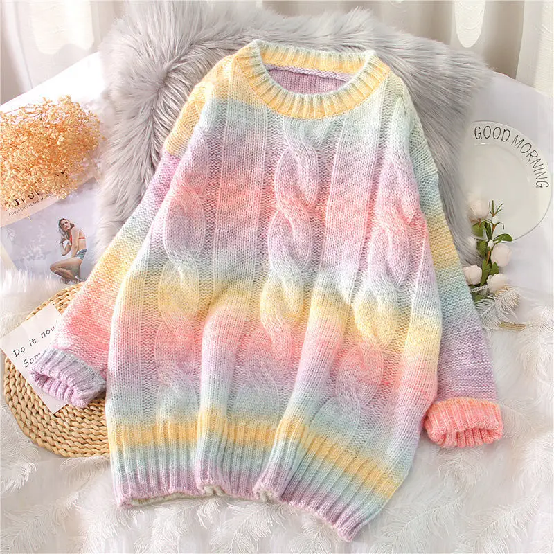 

Autumn Winter Women Rainbow Sweaters Tie Dye Pullover O-Neck Long Loose Striped Korean Jumpers Candy Color Oversized Female Tops