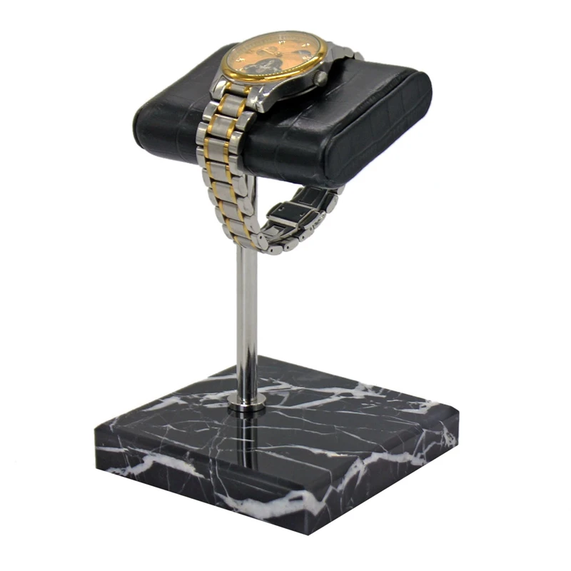 

Natural Marble Watch Display Stand Black Crocodile Grain Leather Silver Support Rod Watch Bracelet Jewelry Storage Rack