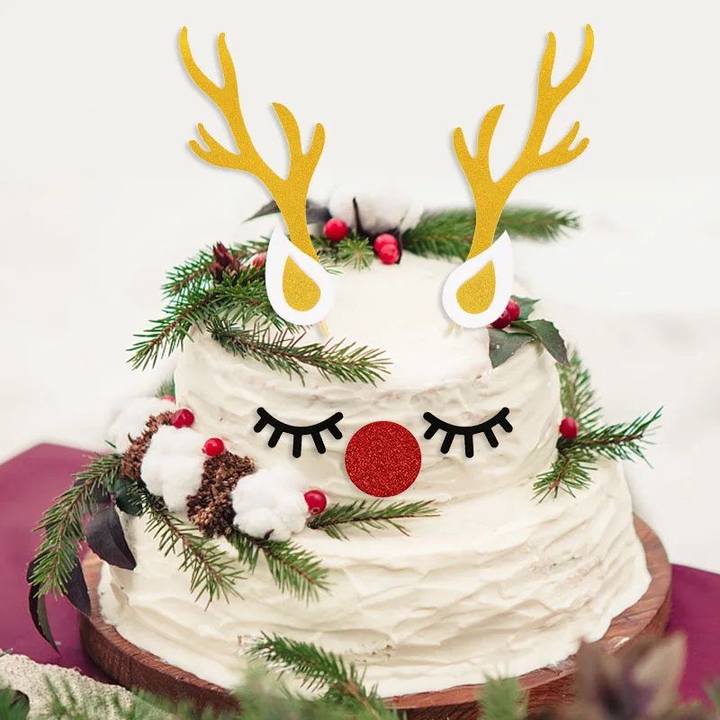 1 набор рожки для торта блестящие рождественские олени Топпер с ресницами носом