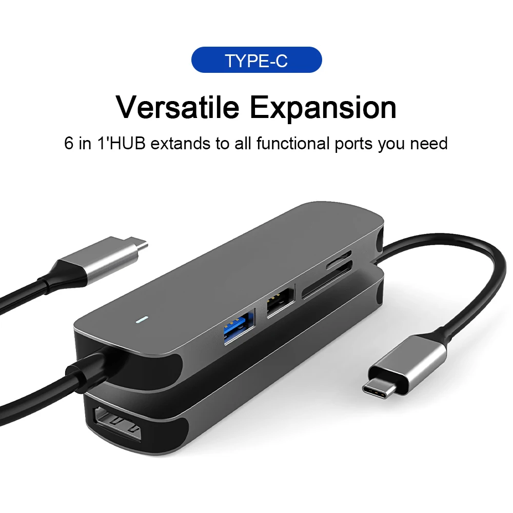 

5 in 1 Type C Adapter USB HUB with USB 2.0 USB 3.0 Type-C Charging Port 4K HDMI-Compatible Support TF SD Card for PC Phone