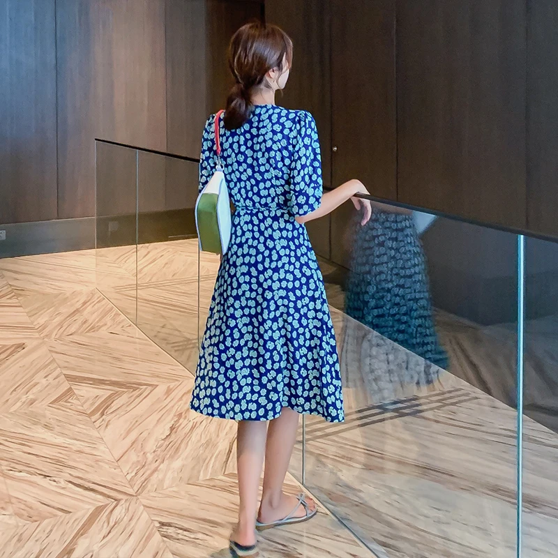 

Boho Tropical Beach Vacation Dresses Women Midi Blue Chiffon Floral Dress Summer Runway Korean Vintage Short Casual Party Dress