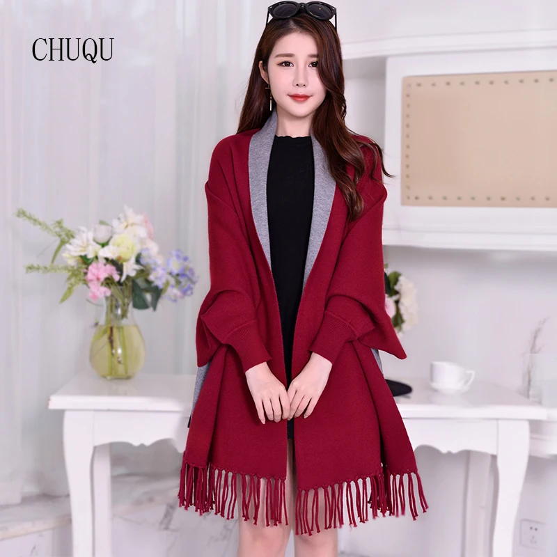 Зимнее черное пончо женские шали и палантины с рукавом тёплый шарф из пашмины