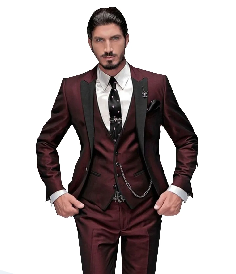 Men's Suit Slim Fit 3 Pieces Burgundy Tuxedo Gentle-Mens Wedding Suits Notch lapel Groom Tuxedo Terno (Jacket+Pants+Vest)