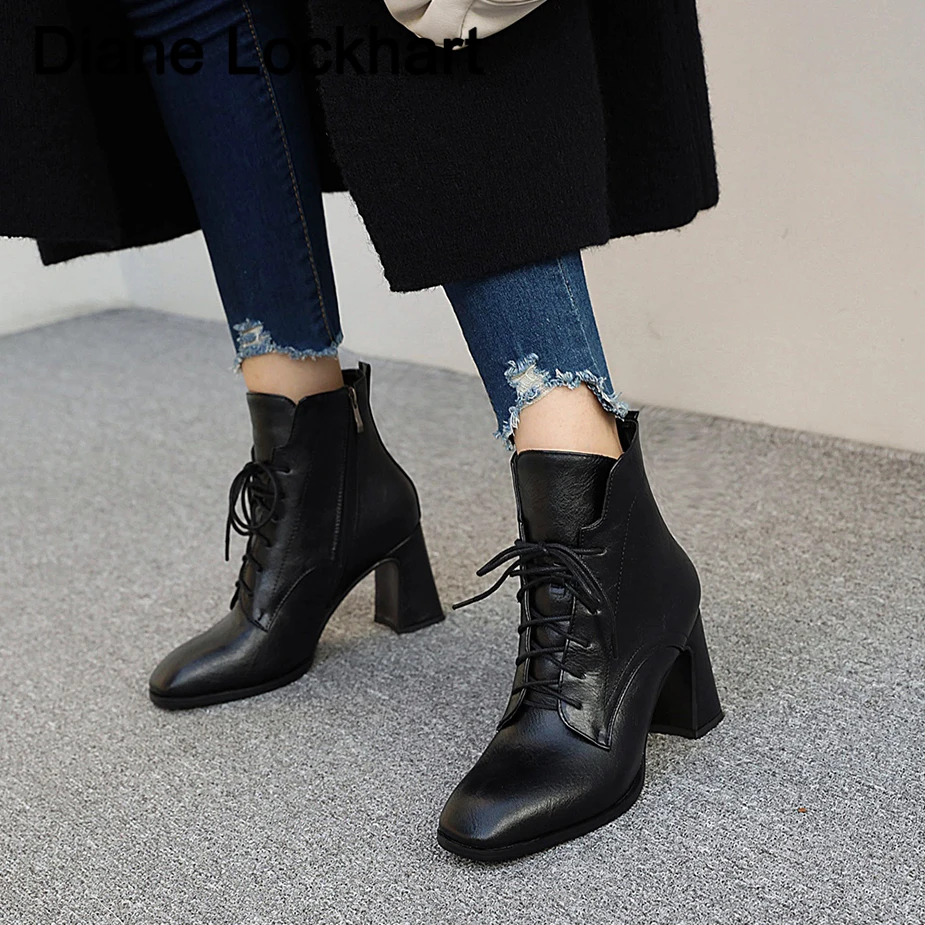 

Autumn Winter High Heel Boots For Women's Lace Up Short Boots Women Heels Booties Business work Square head Shoes Classic Lady