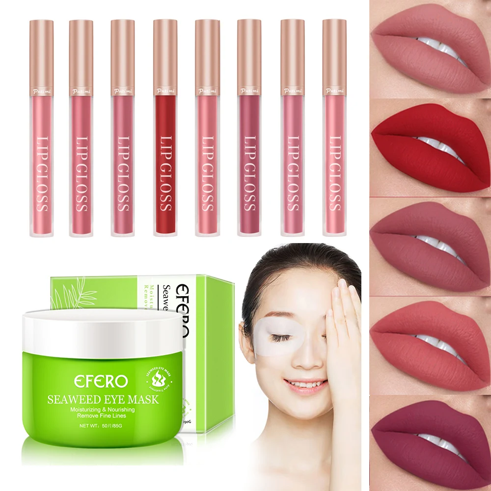 

50pcs Seaweed Eye Mask Patches Remove Dark Circles Anti-Puffiness Anti-Aging Moisturizing Mask Eyes Care + 1pcs Matte Lipstick