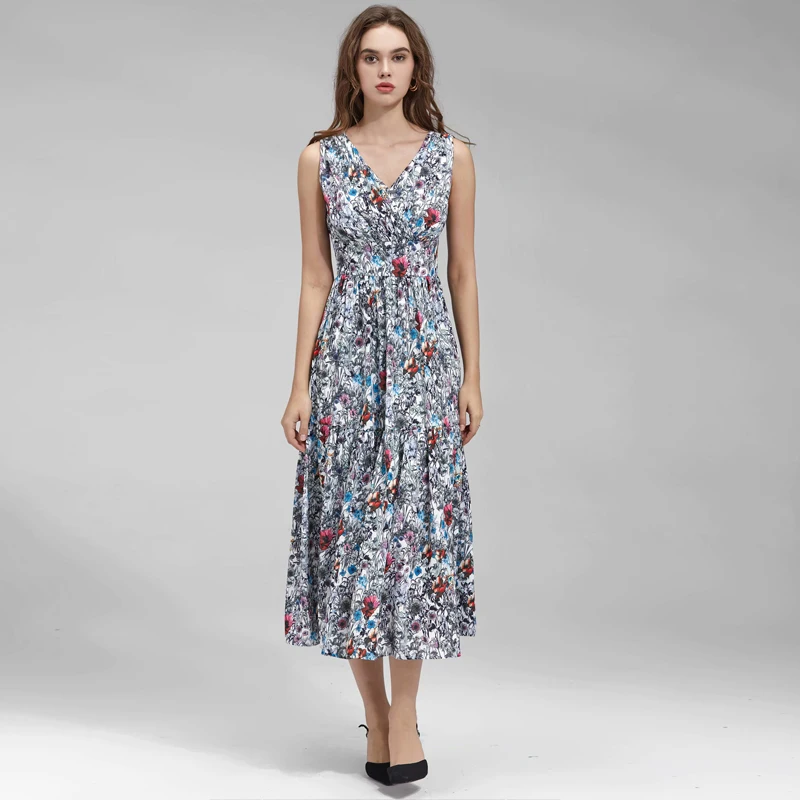

V-Neck Fashion 2021 Spring New Women'S Vintage Elegant Graffiti Print Party Beach High Quality Vest Midi Dress