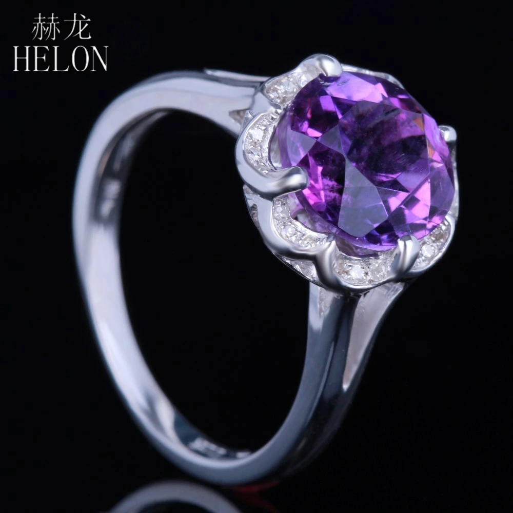 

HELON Solid 14K White Gold Certified Round 9mm Natural Amethyst & Diamonds Engagement Ring Women Wedding Gemstone Jewelry Ring