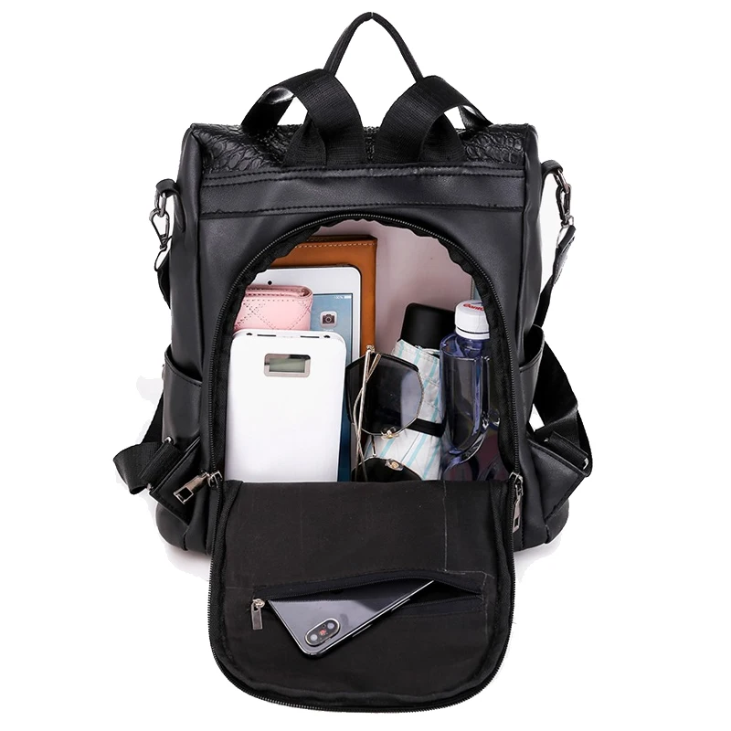 

European and American Style Crocodile Pattern Black Women Backpacks Sweet Girls Soft Leather Travel Backpack Sac A Dos Femme