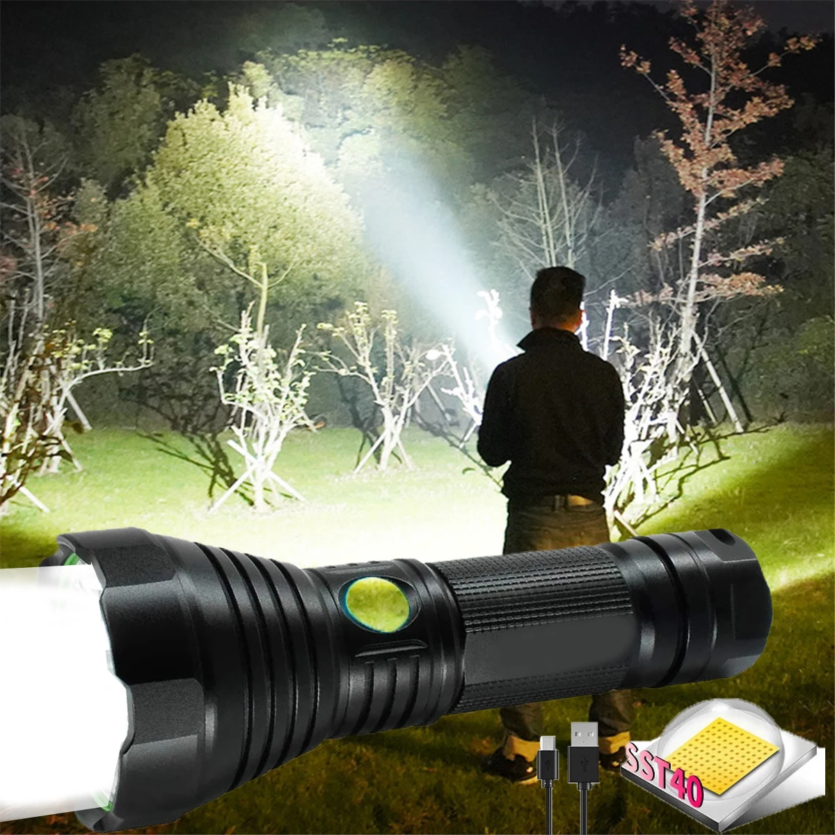 

40000 LM Super Powerful LED Flashlight SST40 Tactical Torch 4 Modes USB Rechargeable Lamp Waterproof Lantern Uses 26650 For Fish