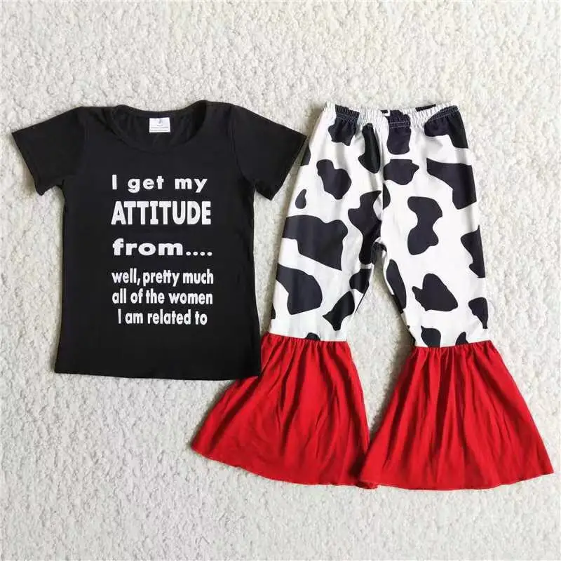 

2021 black cotton vinyl shirt match bell bottom pants kids clothing wholesale girls clothing sets