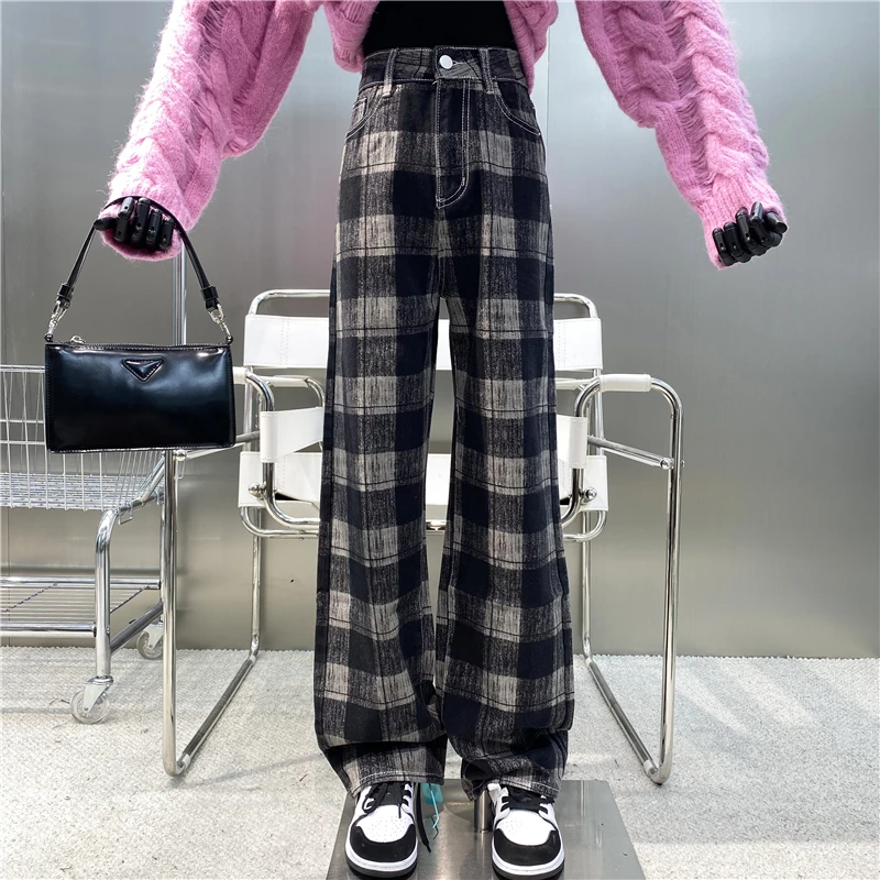 

Niche Design New 2021 Contrast Checked Wide Leg Pants Retro Loose Versatile Casual High Waist Slim Straight Trousers