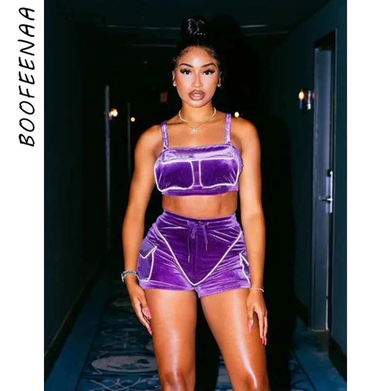 BOOFEENAA Светоотражающие полосатые бархатные облегающие Женские комплекты из двух